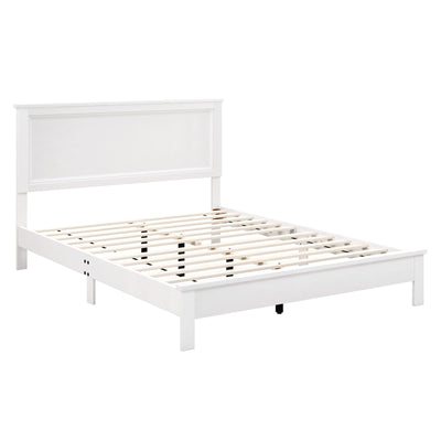 Queen Size Bed Frame Platform Slat High Headboard Bedroom with Rubber Wood Leg-White