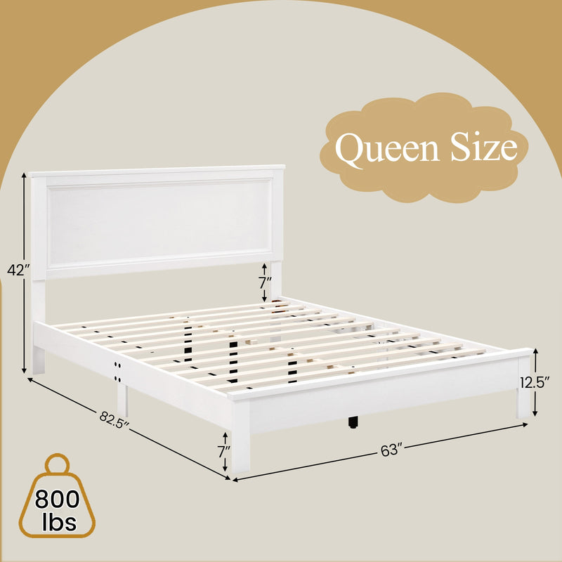 Queen Size Bed Frame Platform Slat High Headboard Bedroom with Rubber Wood Leg-White