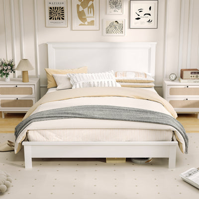 Queen Size Bed Frame Platform Slat High Headboard Bedroom with Rubber Wood Leg-White