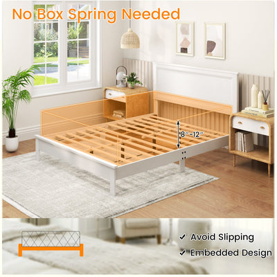 Queen Size Bed Frame Platform Slat High Headboard Bedroom with Rubber Wood Leg-White