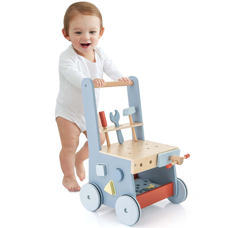 2-in-1 Toddler Wooden Baby Push Walker with Multi-Activity Center