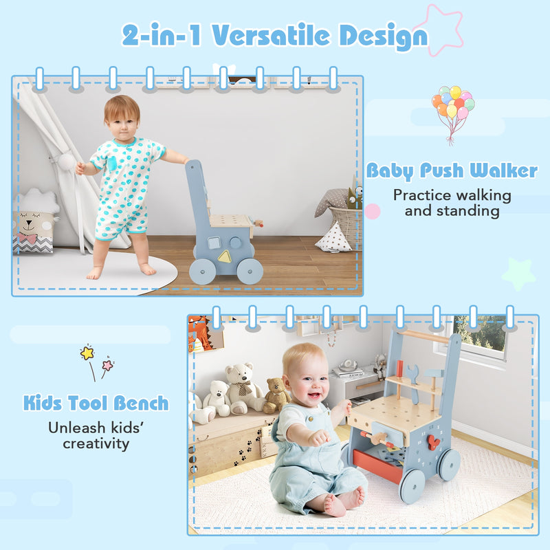 2-in-1 Toddler Wooden Baby Push Walker with Multi-Activity Center