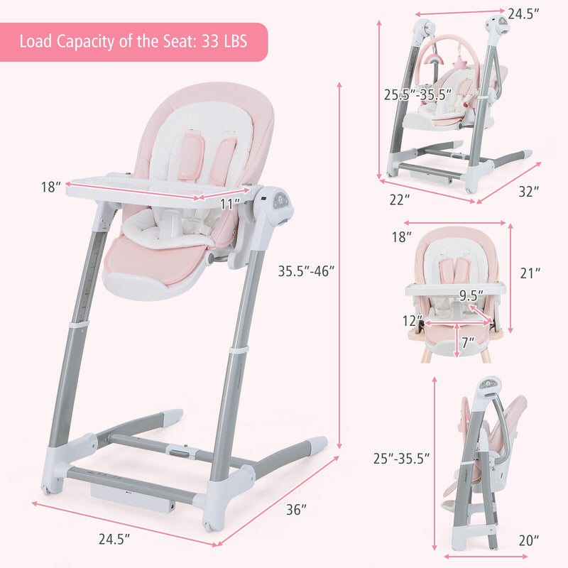 Baby Folding High Chair with 8 Adjustable Heights and 5 Recline Backrest-Pink