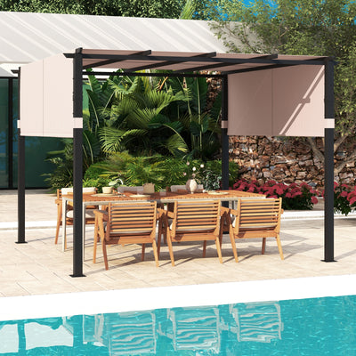 10 x 10 ft Flat Top Pergola with Retractable Canopy for Garden Pool Porch and Backyard-Beige