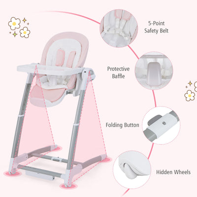 Baby Folding High Chair with 8 Adjustable Heights and 5 Recline Backrest-Pink