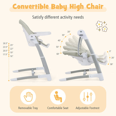 Baby Folding High Chair with 8 Adjustable Heights and 5 Recline Backrest-Gray