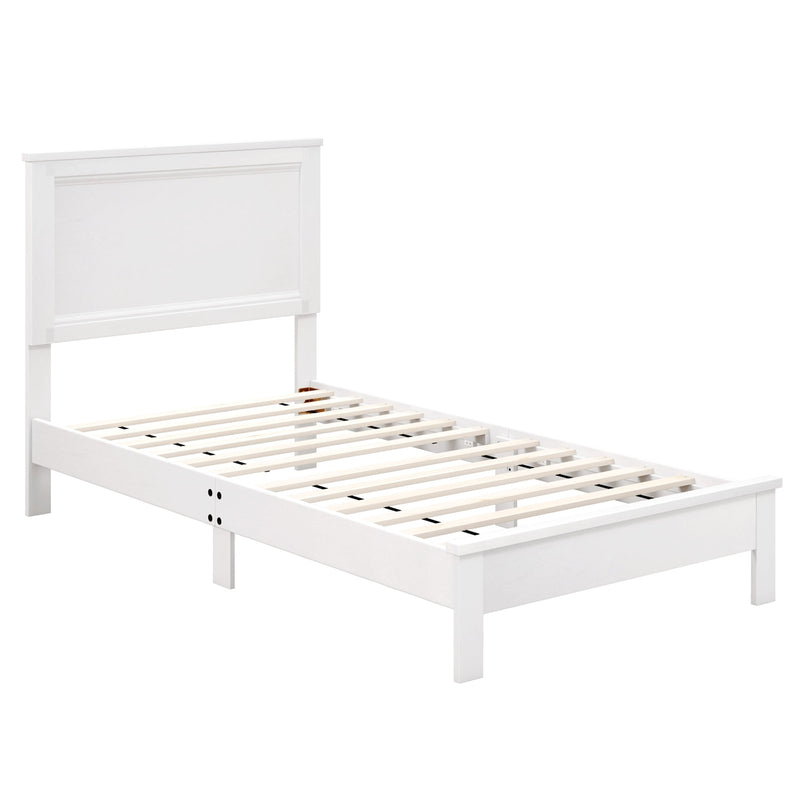 Twin Size Wooden Bed Frame with Headboard and Slat Support-White