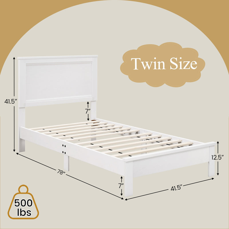 Twin Size Wooden Bed Frame with Headboard and Slat Support-White