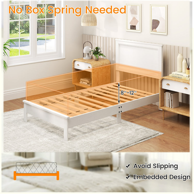 Twin Size Wooden Bed Frame with Headboard and Slat Support-White