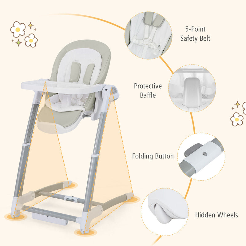 Baby Folding High Chair with 8 Adjustable Heights and 5 Recline Backrest-Gray