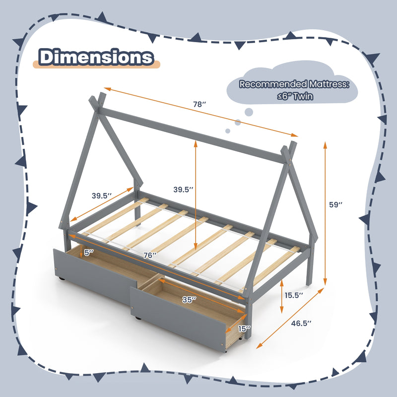 Twin Size Wooden Tent Platform House Bed with 2 Drawers-Gray