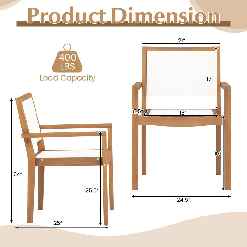 Stackable Outdoor Dining Chair Set of 2 with Acacia Wood Frame