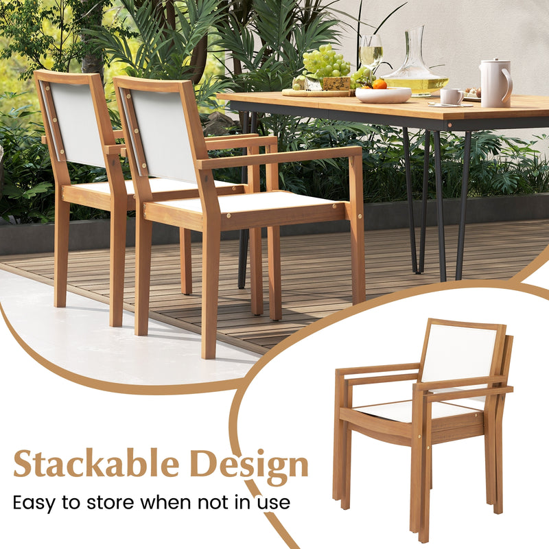 Stackable Outdoor Dining Chair Set of 2 with Acacia Wood Frame