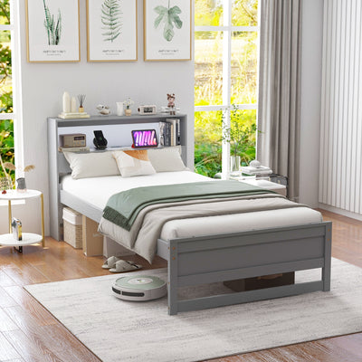 Twin Size Bed Frame with Storage Headboard and Charging Station-Gray