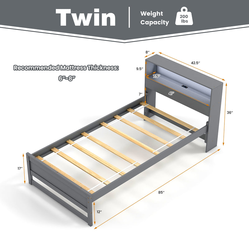 Twin Size Bed Frame with Storage Headboard and Charging Station-Gray