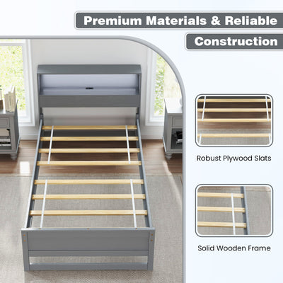 Twin Size Bed Frame with Storage Headboard and Charging Station-Gray