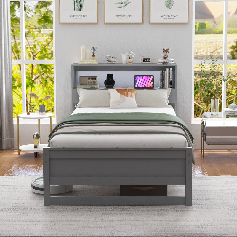 Twin Size Bed Frame with Storage Headboard and Charging Station-Gray