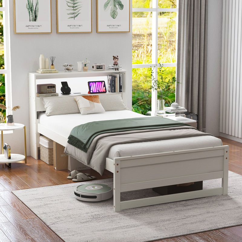 Twin Size Bed Frame with Storage Headboard and Charging Station-White