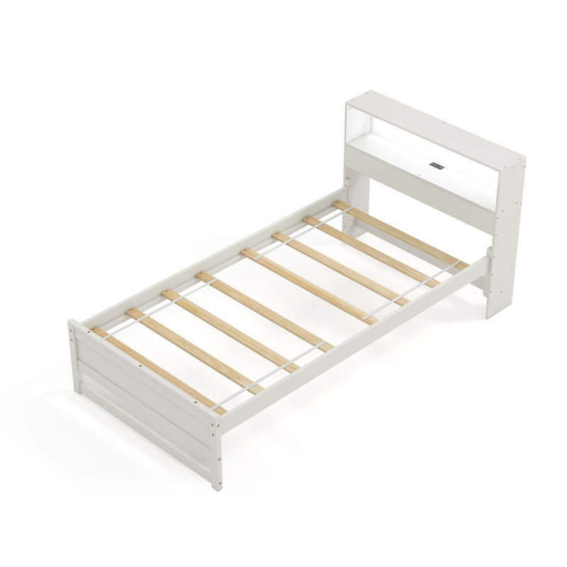 Twin Size Bed Frame with Storage Headboard and Charging Station-White