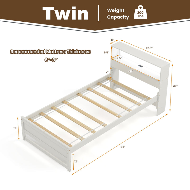 Twin Size Bed Frame with Storage Headboard and Charging Station-White