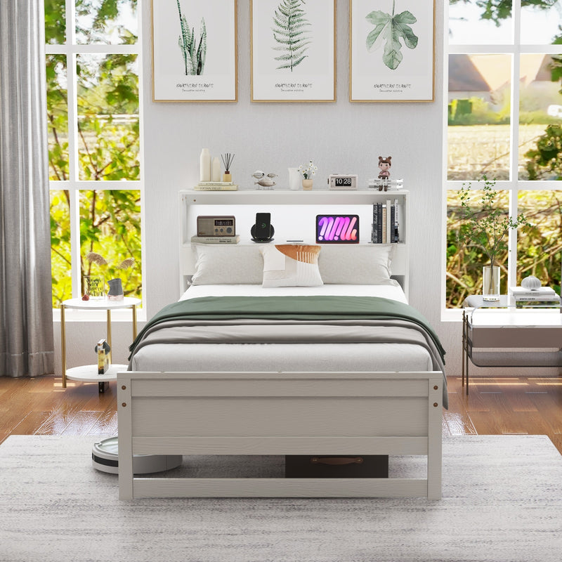 Twin Size Bed Frame with Storage Headboard and Charging Station-White