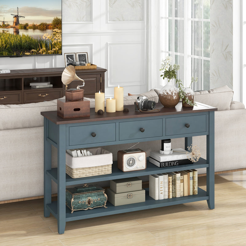 50 Inch Entryway Table Narrow Long Sofa Table with Drawers and Shelves-Dark Blue