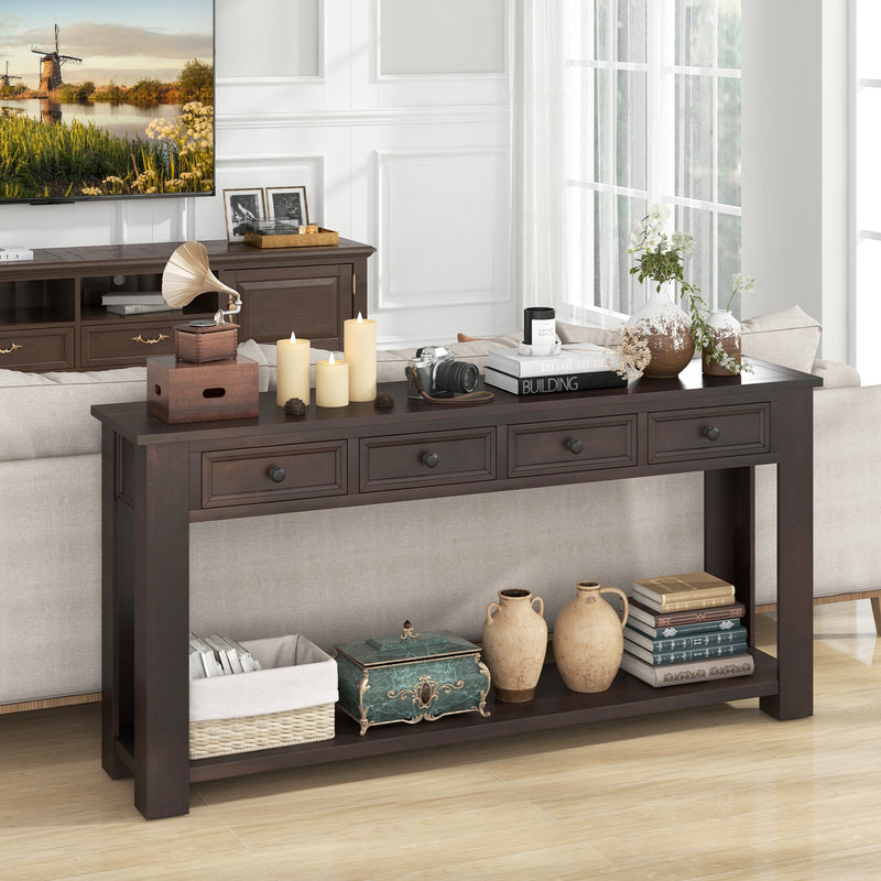 63 Inches Farmhouse Entryway Table with 4 Storage Drawers and Open Shelf-Espresso