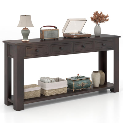 63 Inches Farmhouse Entryway Table with 4 Storage Drawers and Open Shelf-Espresso