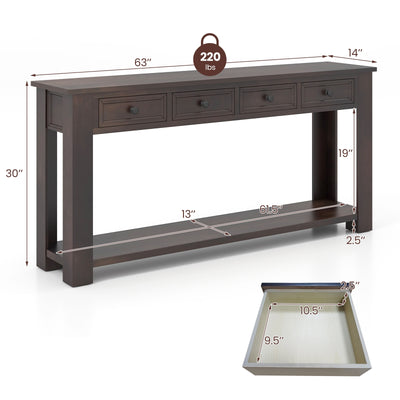 63 Inches Farmhouse Entryway Table with 4 Storage Drawers and Open Shelf-Espresso