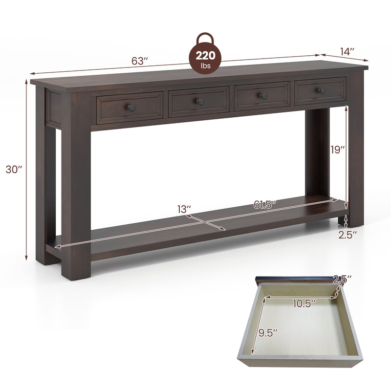 63 Inches Farmhouse Entryway Table with 4 Storage Drawers and Open Shelf-Espresso