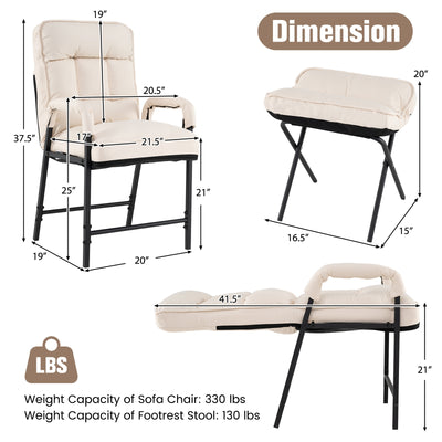 Linen Fabric Modern Accent Chair with Ottoman and Adjustable Backrest-Beige