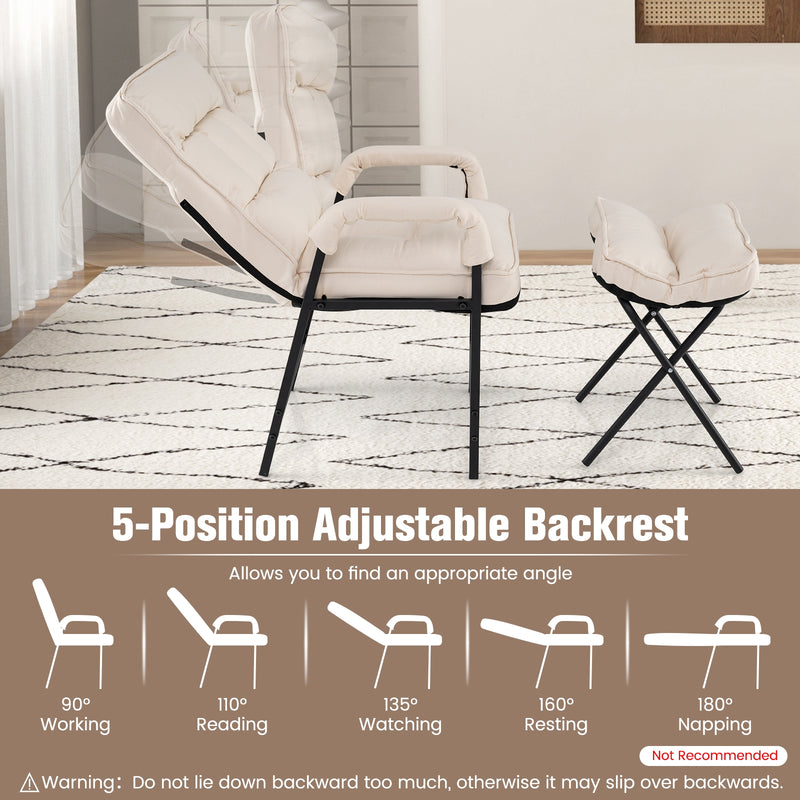 Linen Fabric Modern Accent Chair with Ottoman and Adjustable Backrest-Beige