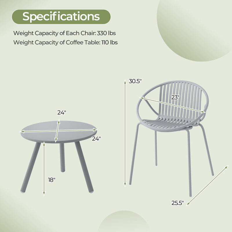 All Weather PP Patio Conversation Set with Round Coffee table and 2 Chairs-Gray