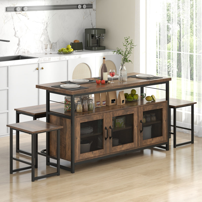 4 Piece Kitchen Island Set with Bench and Storage-Brown