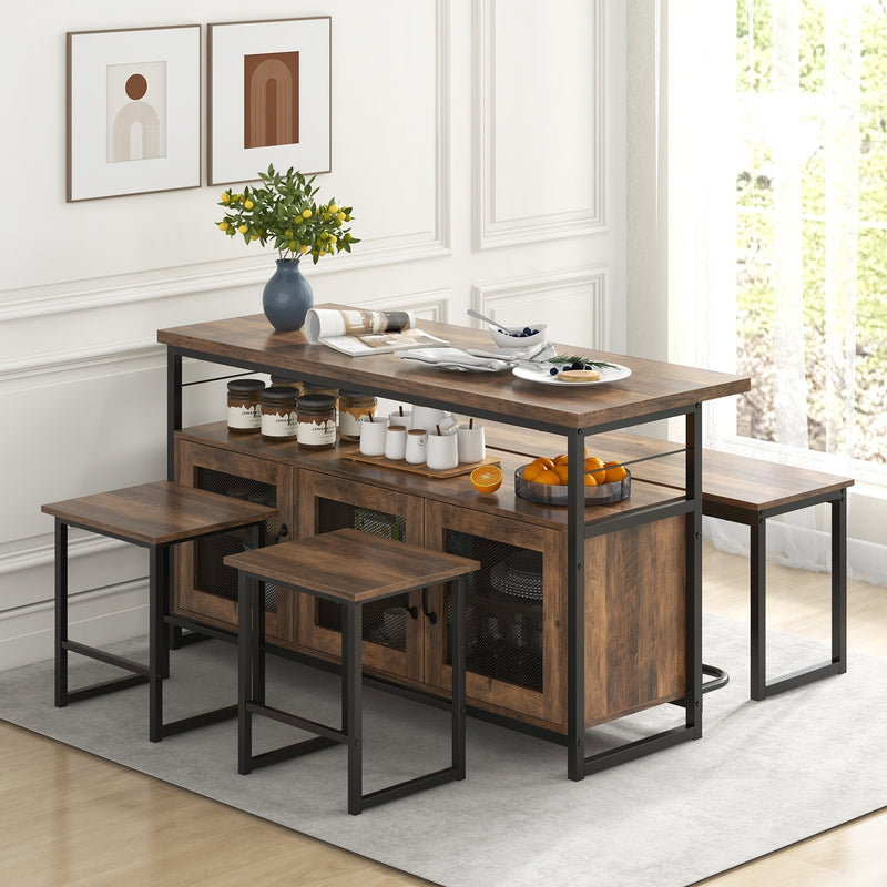 4 Piece Kitchen Island Set with Bench and Storage-Brown