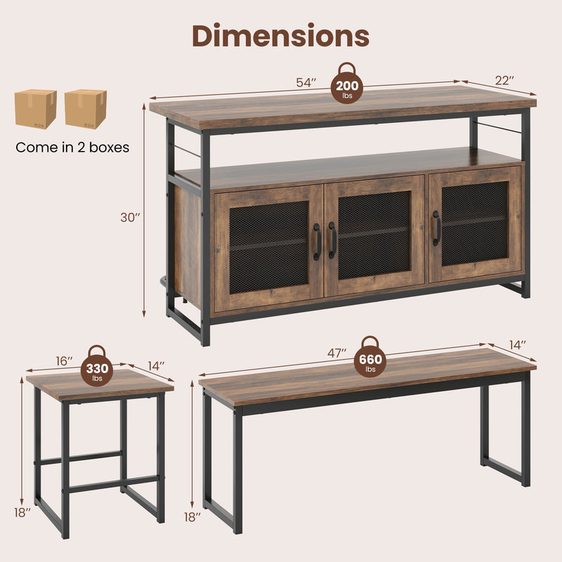 4 Piece Kitchen Island Set with Bench and Storage-Brown