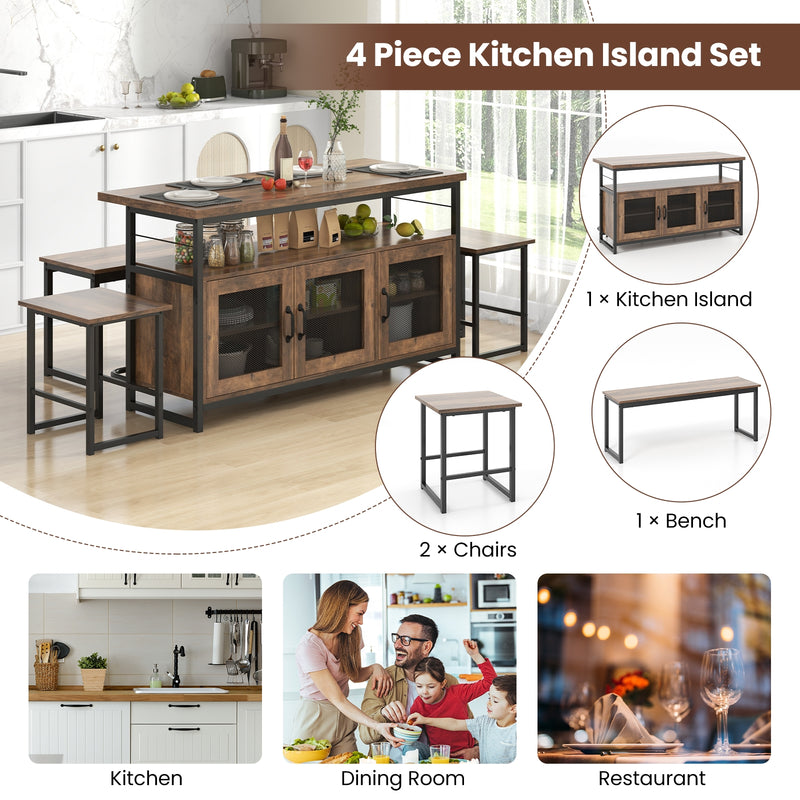 4 Piece Kitchen Island Set with Bench and Storage-Brown