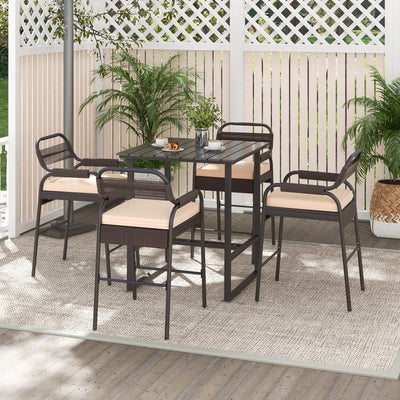 5 Piece Rattan Counter Set with 4 Stools and Polywood Bar Table-Brown