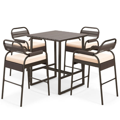 5 Piece Rattan Counter Set with 4 Stools and Polywood Bar Table-Brown