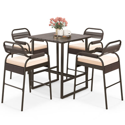 5 Piece Rattan Counter Set with 4 Stools and Polywood Bar Table-Brown