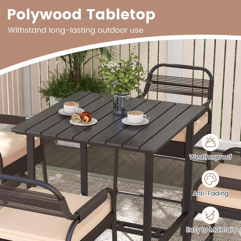 5 Piece Rattan Counter Set with 4 Stools and Polywood Bar Table-Brown