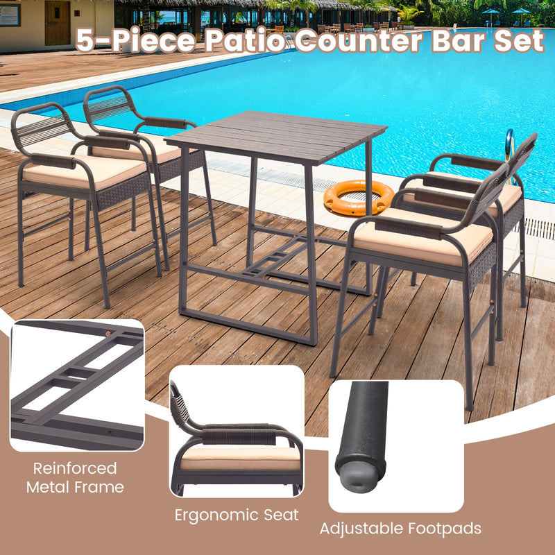 5 Piece Rattan Counter Set with 4 Stools and Polywood Bar Table-Brown