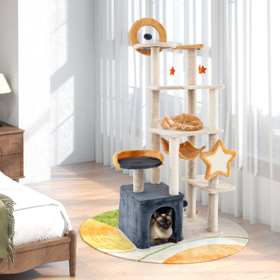 63 Inch Multi-level Cat Tower with Scratching Board and Toys