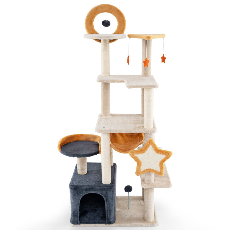 63 Inch Multi-level Cat Tower with Scratching Board and Toys