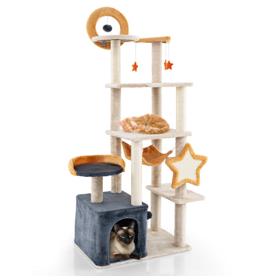 63 Inch Multi-level Cat Tower with Scratching Board and Toys