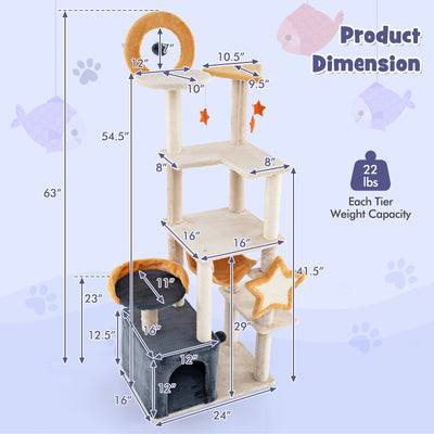 63 Inch Multi-level Cat Tower with Scratching Board and Toys