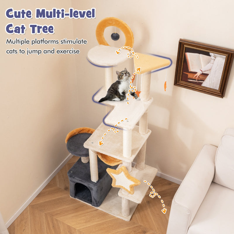 63 Inch Multi-level Cat Tower with Scratching Board and Toys