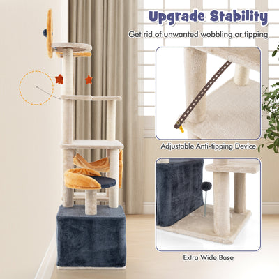 63 Inch Multi-level Cat Tower with Scratching Board and Toys