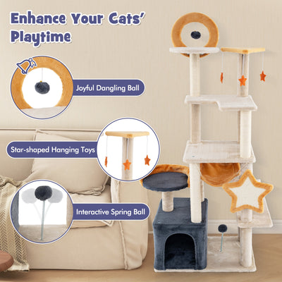 63 Inch Multi-level Cat Tower with Scratching Board and Toys