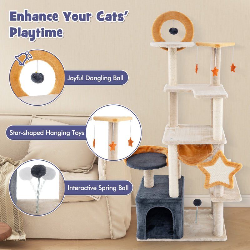 63 Inch Multi-level Cat Tower with Scratching Board and Toys